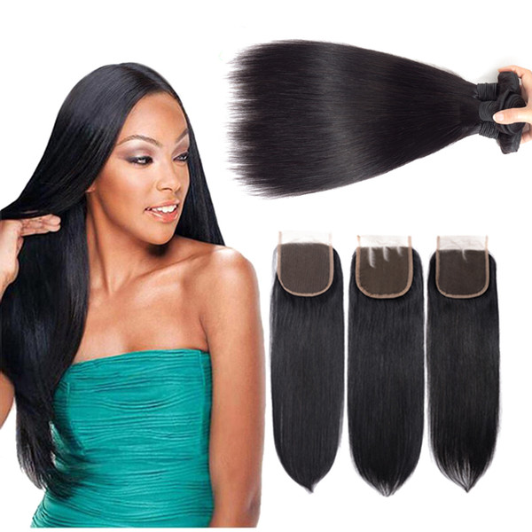 8A Brazilian Straight Virgin Hair With Closure 3 Bundles Human Hair Weft 4x4 Lace Closure With Brazilian Straight Hair