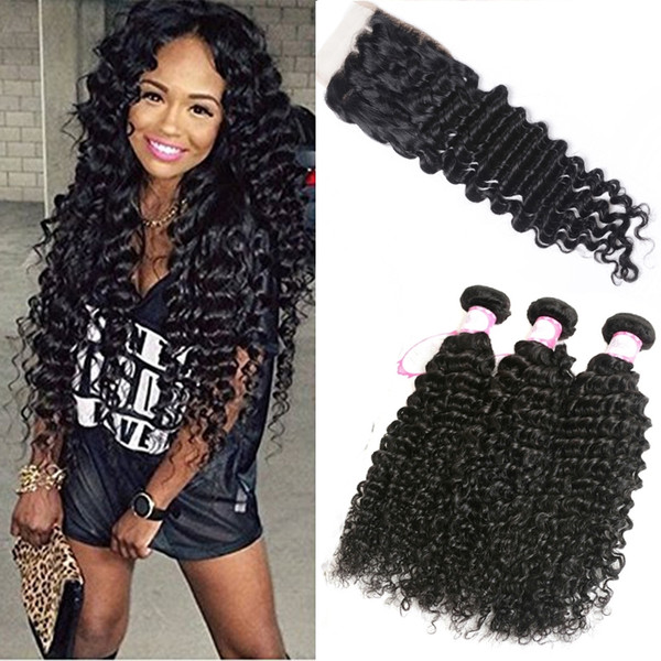 8A Brazilian Deep Wave Curly Hair 3 Bundles with Closure Free Middle 3 Part Double Weft Human Hair Extensions Dyeable Human Hair Weave