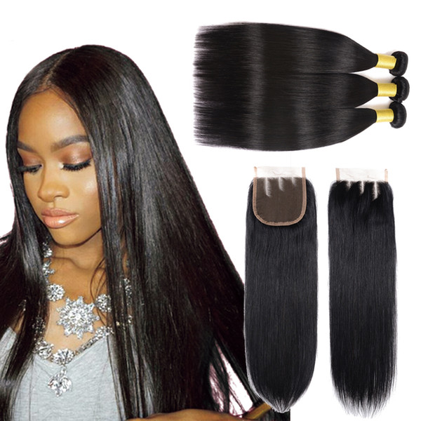 Brazilian Straight Human Hair Bundles with Closure 100% Unprocessed Virgin Hair 3 Bundles with Lace Closure Natural Color Hair