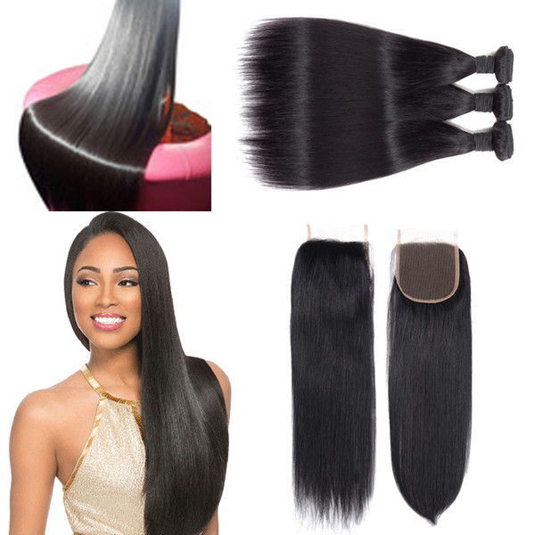 Free Part, Middle Part, 3 Part Top Lace Closure With 3 Bundles Silky Straight 100% Human Hair Brazilian Peruvian Indian Malaysian Hair