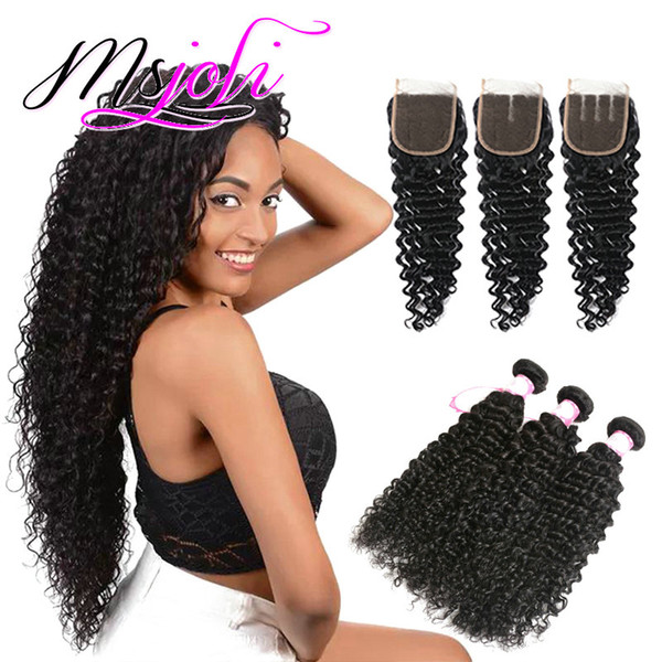 Brazilian 3 Bundle Human Hair Weave With Lace Closure Remy Deep Wave Bundles with Closure Brazilian Human Hair