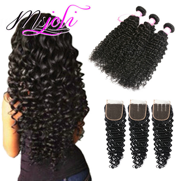 Brazilian Deep Wave 3/4 Remy Human Hair Weave Bundles With Closure 100 % Human Hair Bundles with Closure