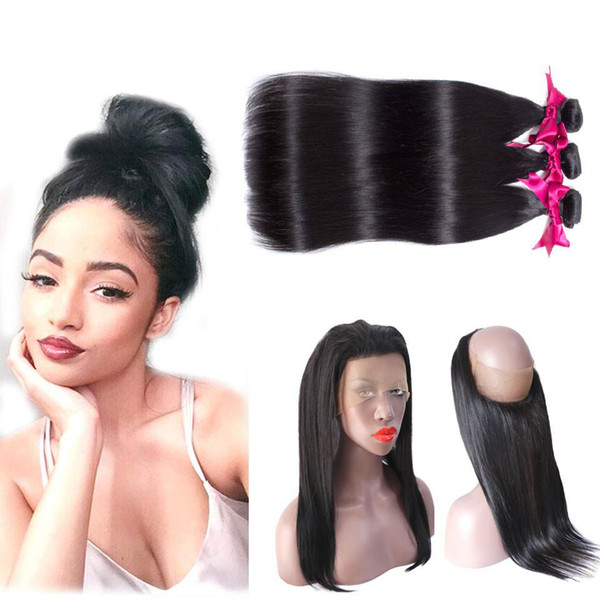 Peruvian Straight Hair 360 Lace Frontal Closure With Bundles Human Hair 3 Bundles With Closure Straight Virgin Human Hair Weave