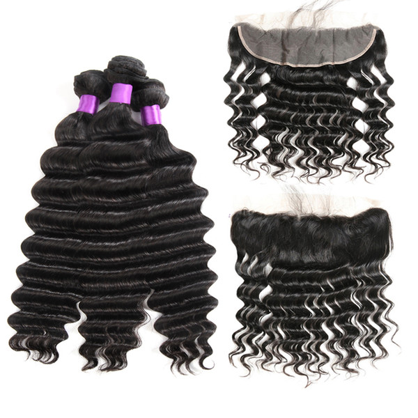 8A Unprocessed Indian Virgin Hair Loose Deep Wave 3 Bundles with Frontal Human Hair Extensions Natural Color 