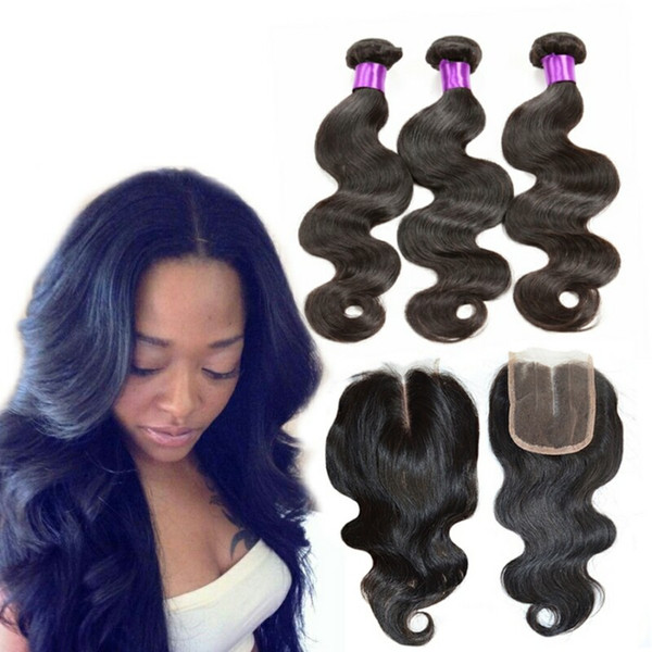 Brazilian Remy Virgin Human Hair Three Bundle With Closure raw Indian human hair bundle with closure body wave bundle with closure