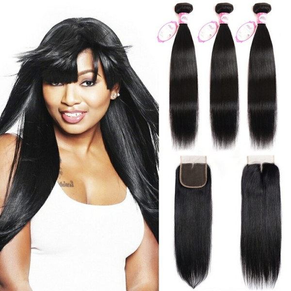 Msjoli Peruvian human hair straight three bundles with closure 4 pieces/set Brazilian straight hair bundle with closure