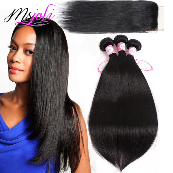 Brazilian Straight Human Hair Bundles with Closure 100% Unprocessed Virgin Hair 3 Bundles with Lace Closure Natural Color Hair Extensions