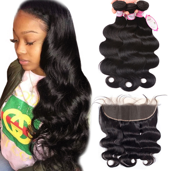 Malaysian body wave lace frontal with baby hair three bundles hair weave extensions Malaysian hair bundles with frontal