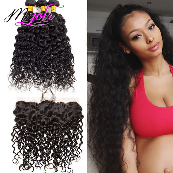 Peruvian Human Hair Extensions Water Wave 3 Bundles With 13X4 Lace Frontal With Baby Hair Virgin Hair Bundles With Frontal Closures