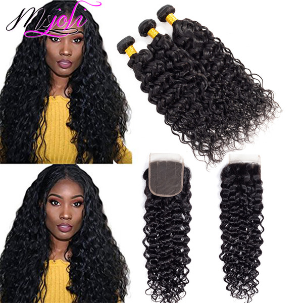 Brazilian Virgin Hair Water Wave Bundles With Closure Natural Color Human Hair Bundles With 4x4 Lace Cosure 4Pcs From Ms Joli