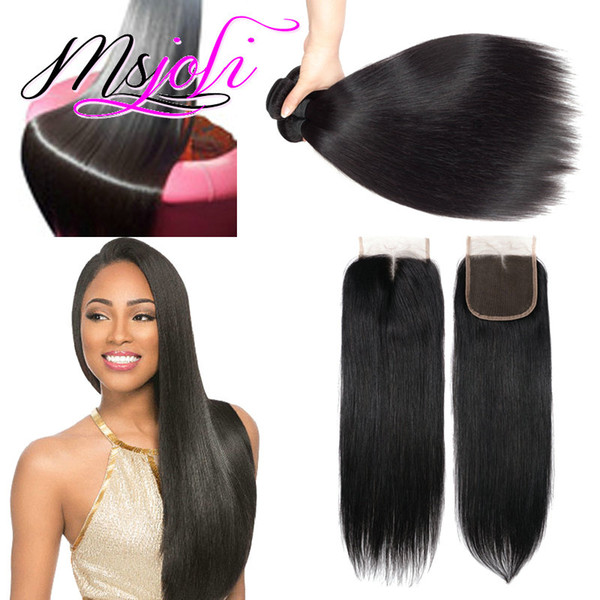 Brazilian Straight Human Hair Bundles with Closure 100% Unprocessed Virgin Hair 3 Bundles with Lace Closure Brazilian human Hair Extensions