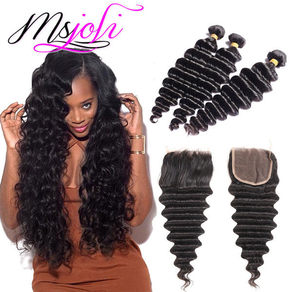 Three Bundles Loose Deep Wave brazilian virgin Loose deep wave hair bundles with closures 100% Human Hair Bundles with closure