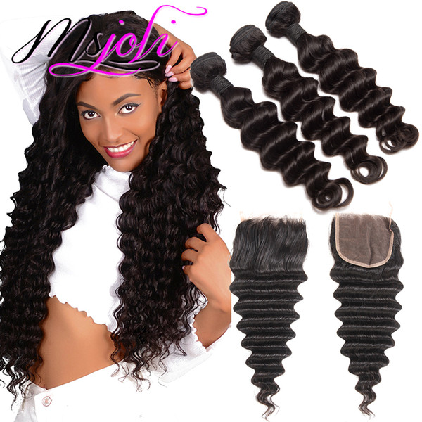 Peruvian Loose Deep Wave Bundles With Closure 3 Bundles Remy Human Hair Weave Peruvian Human Hair Bundle with Closure