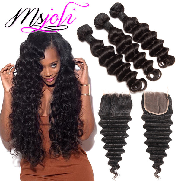 Brazilian Virgin Hair Loose Deep Wave Weave Bundles Wet And Lace Closure Virgin Brazilian Curly 3Pcs Lot Human Hair Extensions
