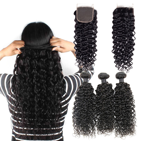 Brazilian Virgin Human Hair Bundles Water Wave Hair Remy Human Hair Extension Peruvian Indian Wefts with Lace Closure