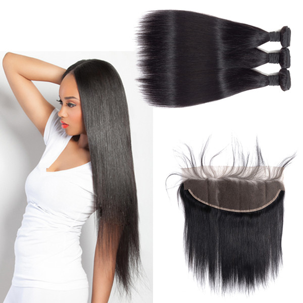 Malaysian Straight Hair Bundles With Lace Frontal 13*4 Human Hair Malaysian Human Hair Bundles with Frontal Closure