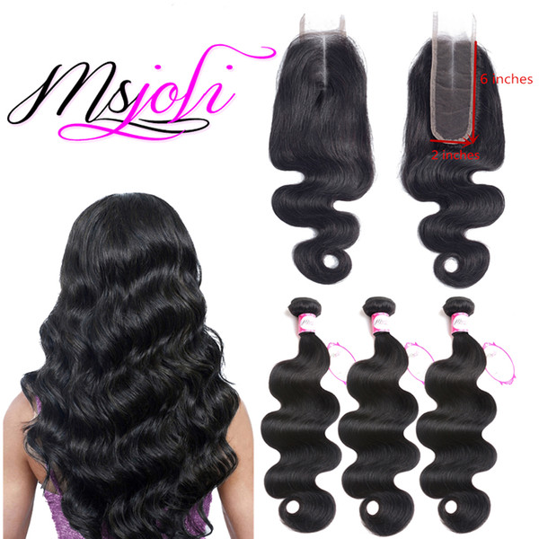 Msjoli Human Hair Peruvian Body Wave Bundles With 2x6 Lace Closure Middle part Remy human hair extensions unprocessed virgin hair body wave