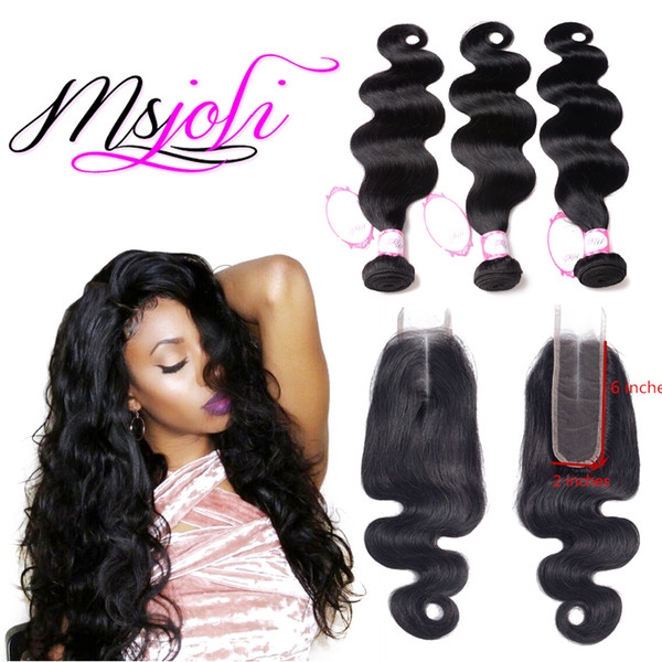 Msjoli Hair 2*6 Peruvian Body Wave Hairline Swiss Human Hair Extension Middle Part closure with bundles, remy hair weaving