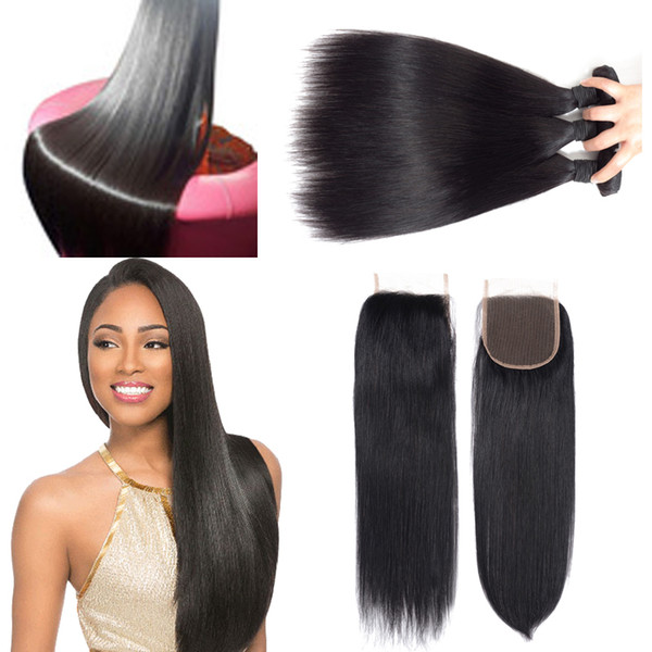 Malaysian virgin human hair weave unprocessed hair body wave silky straight natural color 4x4 lace closure with three bundles