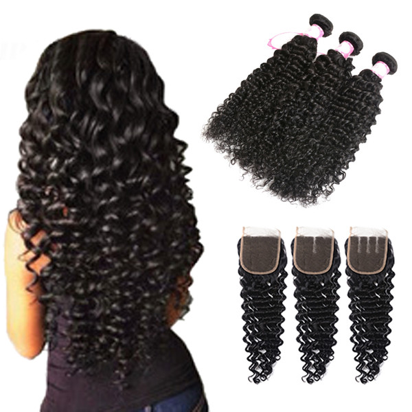 Brazilian hair human hair bundles with closure deep wave hair extension unprocessed natural color 4x4 lace closure with 3 bundles for Msjoli