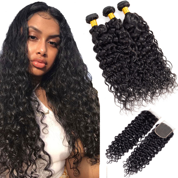 Brazilian hair human hair bundles with closure water wave hair extension unprocessed natural color 4x4 lace closure with 3 bundles