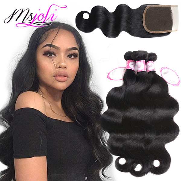 8A Brazilian Virgin Hair With Closure Extensions 3 Bundles Brazilian Body Wave Hair With 4x4 Lace Closure Unprocessed Remy Human Hair Weave