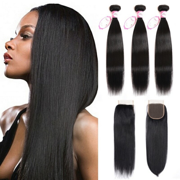 Brazilian Straight Virgin Remy Human Hair Bundles with Closure Raw Indian Peruvian Malaysian Mongolian Hair Extensions Cuticle Aligned Hair