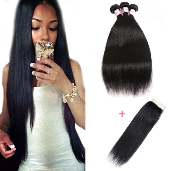 Indian virgin remy human straight hair bundles with closure 20 22 24 with 20 inch closure hair bundles with closure