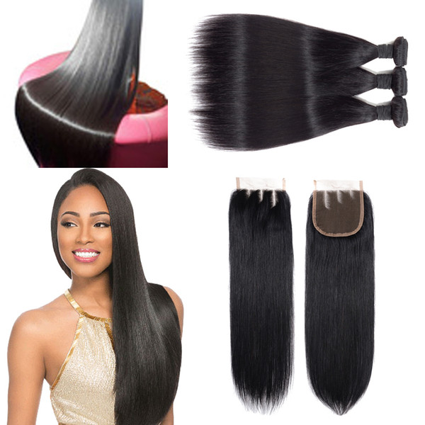 Full Cuticle and Aligned High Quality Human Virgin Indian Temple Human Hair straight hair bundle with closure