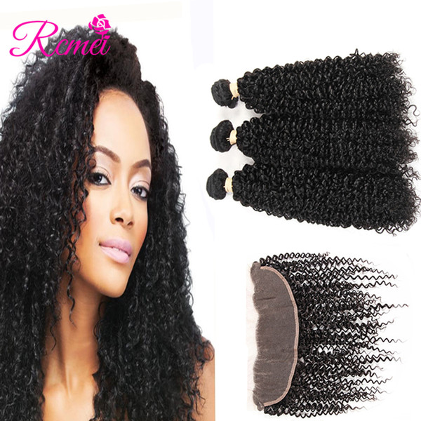 Rcmei Indian Remy Hair Kinky Curly 3 Bundles With Frontal 13*4 Natural Color for hair Salon Human Hair Bundles With Frontal 4pcs/lot