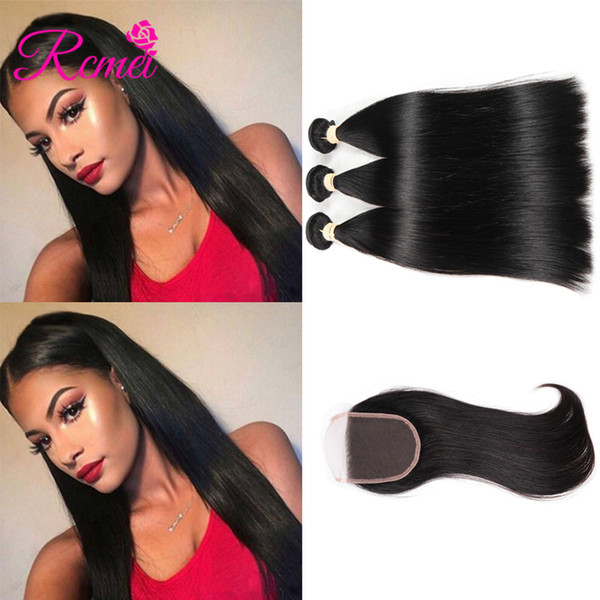 Rcmei Indian Straight Human Hair 3 Bundles With Lace Closure 100% Remy Hair with Closure Three/Middle/Free Part Natural Black 4pcs/lot