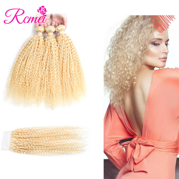 Rcmei Kinky Curly Bundles With Closure 613 Blonde Color Mongolian Curly Hair 3 Bundles With 4*4 Lace Closure Remy Human Hair 4pcs/lot