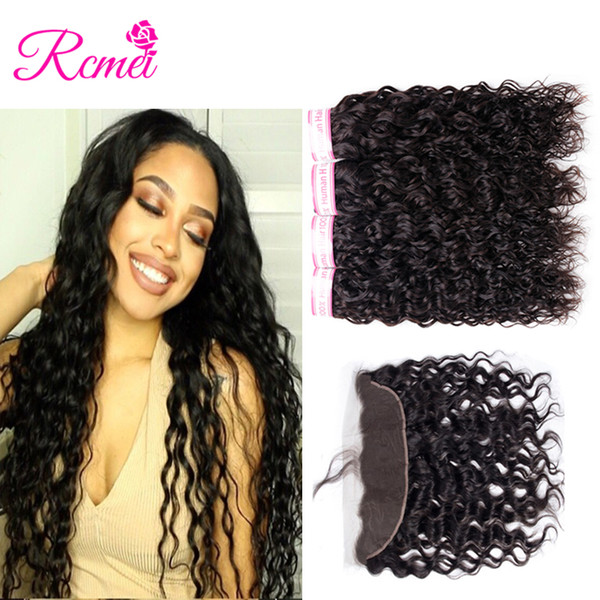 Rcmei 13x4 Lace Frontal Closure With Bundles Indian Water Wave Remy Human Hair 8-28inch 3 Bundles With Frontal Free Ship