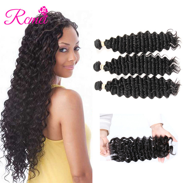 Rcmei Deep Wave Bundles With Closure Indain Human Hair Weave 3 Bundles With Closure Three/Minddle/Free Part Remy Hair Extension 4pcs/lot