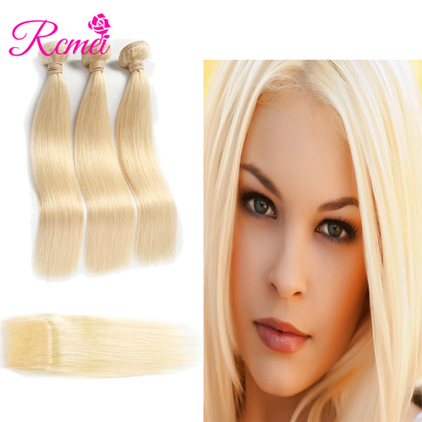 Rcmei Mongolian Srtaight Hair Pre-colored #613 Blonde Hair Extensions 3 Bundles With Lace Closure 4*4 Free Part 4pcs/lot