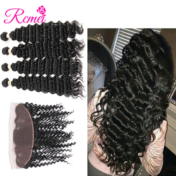 Rcmei Mongolian Deep Wave 4 Bundles With Frontal Remy Human Hair Bundles 13x4 Lace Frontal Closure With Bundles 