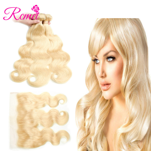 613 Blonde Body Wave Hair With Frontal 10-30inch 100% Mongolian Human Hair 3 Bundles With 13*4 Lace Frontal Pre-plucked Rcmei Free Shipping