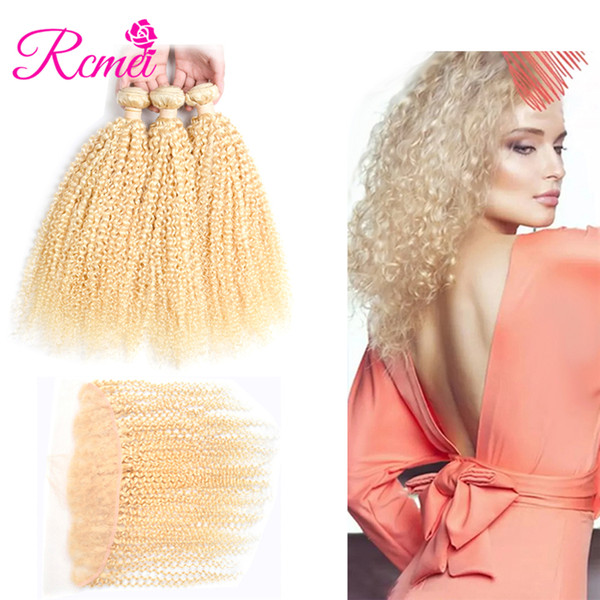 Rcmei Mongolian Kinky Curly Human Hair 613 Blonde Ear To Ear Frontal With Bundles 100% Human Hair Weaving 10-30inch Can Mix Length