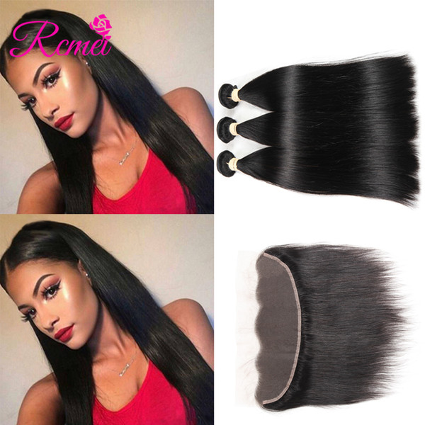 Rcmei Straight Human Hair 3 Bundle With Lace Frontal Closure Nutural Black 8-28inch Straight Hair Extension Indian Hair Bundles With Closure