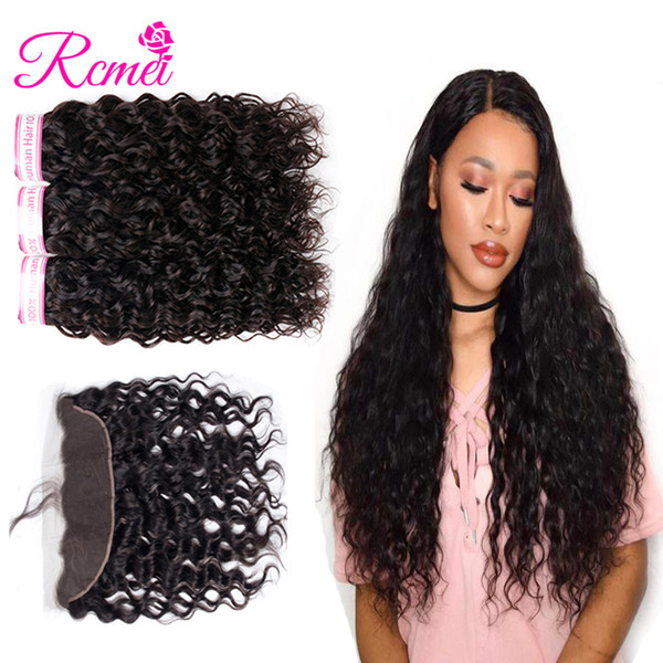 Rcmei Mongolian Human Hair Weave 3 Bundles With Frontal Water Wave 13*4 Lace Frontal With Hair Bundles Extension Remy Hair