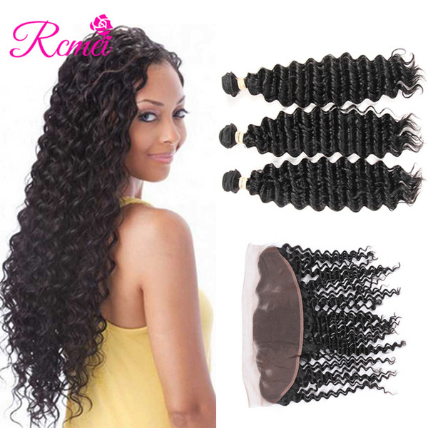 Rcmei Hair Human Hair Bundles With Closure 3 Bundles Indina Deep Wave Lace Frontal 13x4 Closure With Bundles Virgin Hair 8-28inch