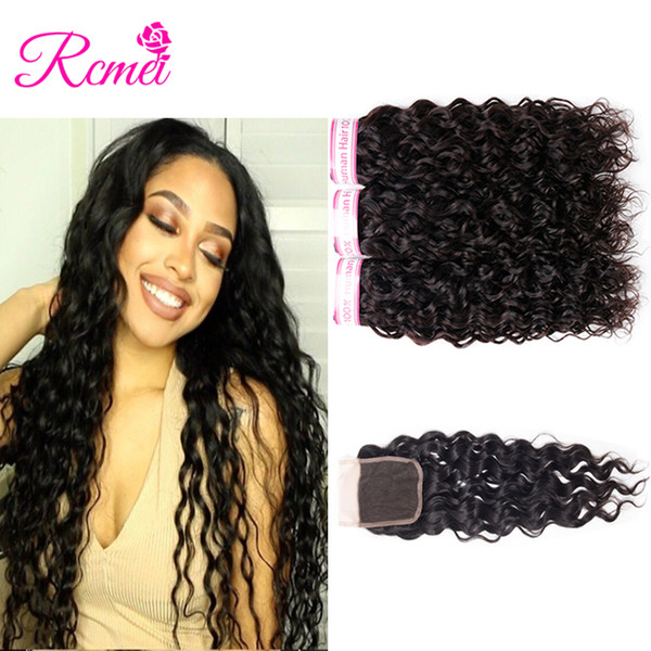 Rcmei Water Wave Indian Hair Weave Bundles With Closure 100% Human Hair Extension 3 Bundles 8-28inch Natural Black With 4*4 Lace Closure