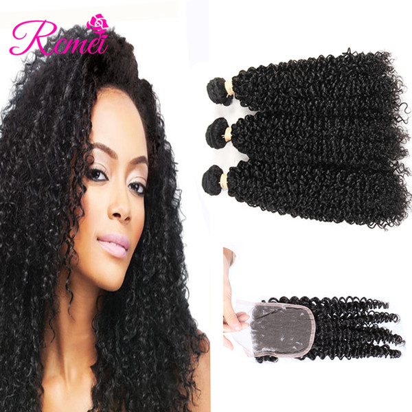 Rcmei Natural Black Kinky Curly Bundles With Closure Human Hair Bundles With Closure Indian Virgin Hair Weave Bundles With 4*4 Lace Closure