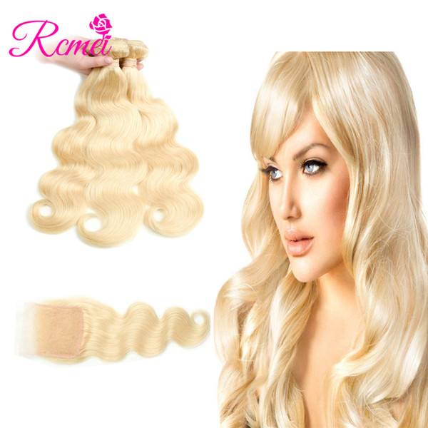 Rcmei Body Wave 613 Blonde Mongolian Remy Hair 4*4 Lace Closure Pre Plucked With Bundle Mongolian Bodywave Hair 3 Bundles 10-30inch