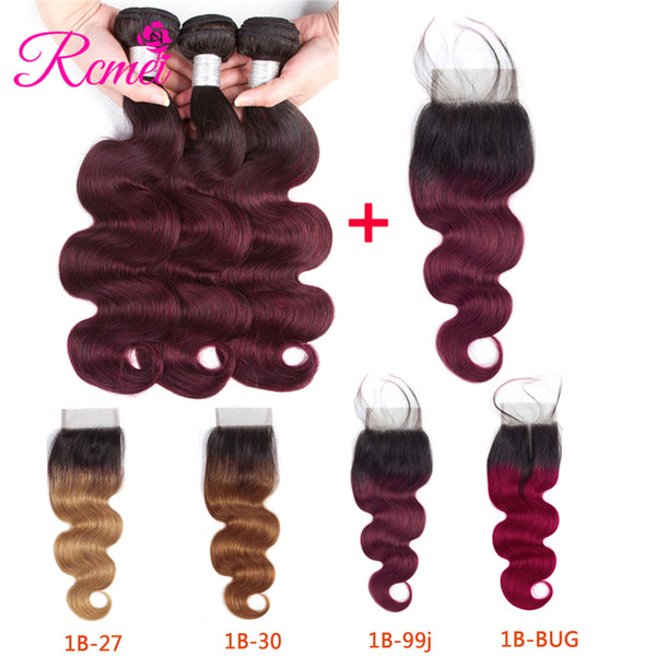 Rcmei Pre-colored Indian Body Wave Hair Bundles 3Pcs With Closure 100% Human Hair Weave #1b-27/30/99j/Burgundy 10