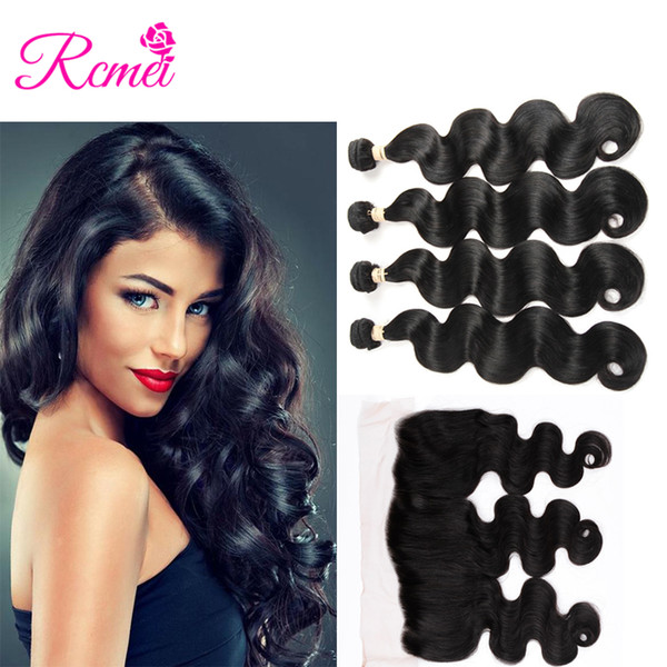 Rcmei Indian Body Wave Bundle With Frontal 4 Bundle Human Hair Weave 8-28inch Remy Rcmei Hair With Ear to Ear Lace Frontal