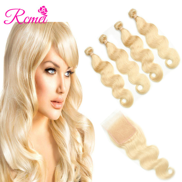 Rcmei Mongolian Body Wave Hair 4 Bundles With Closure 10-30inch 613 Blonde Color Hair Human Hair With 4x4 Closure Free Shipping