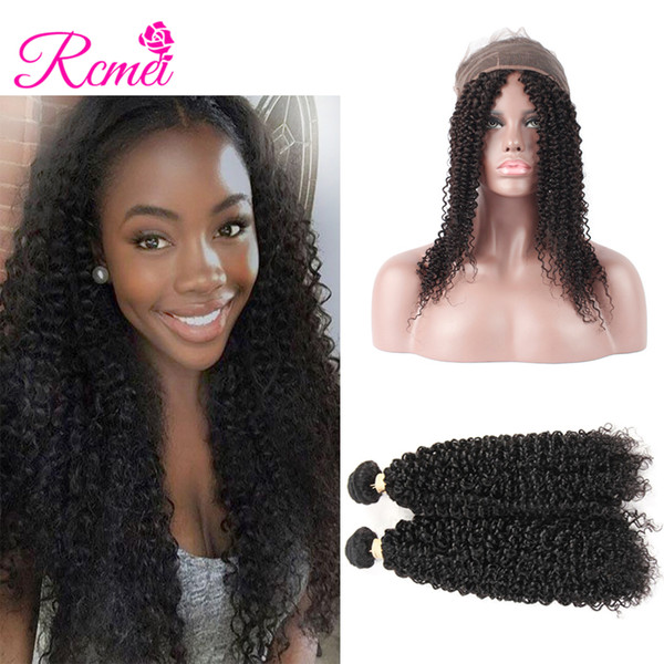 Rcmei Natural Black 100% Human Hair Remy 360 Lace Frontal With Bundle Indian Kinky Curly Human Hair 2 Bundles With 360 Frontal 22*4*2inch