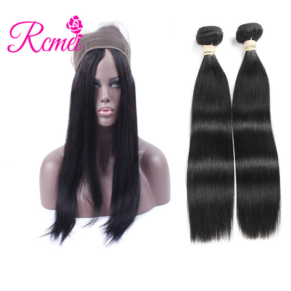 Peruvian Natural Black Straight Hair 360 Lace Frontal with Bundles 8-28inch Human Hair Extensions 2 Bundles with 360 Frontal Rcmei Hair