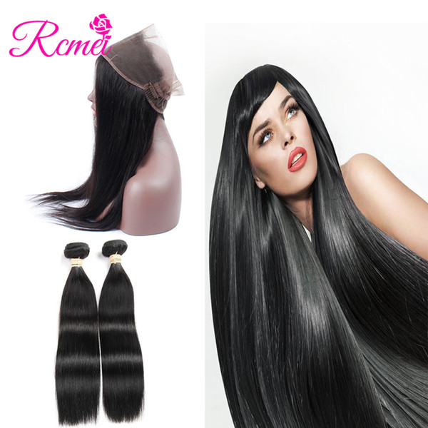 Rcmei 2 Bundles Mongolian Straight Hair Weaving With Closure 360 Lace Frontal 22*4*2 With Bundle Human Hair Extensions 8-28inch